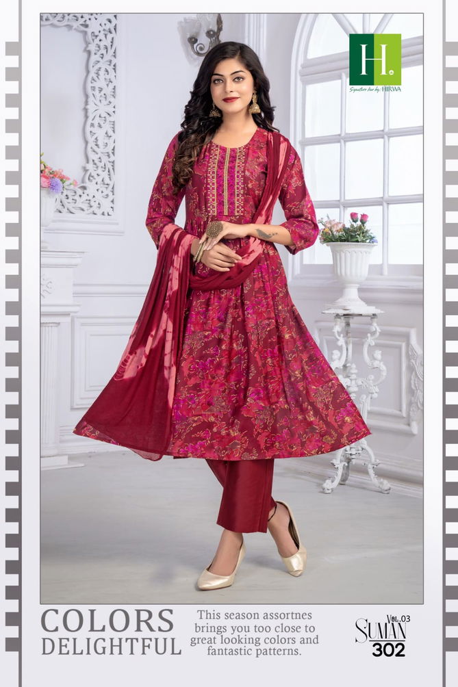 Hirwa suman vol 3 Naira cut Kurtis with embroidery Work